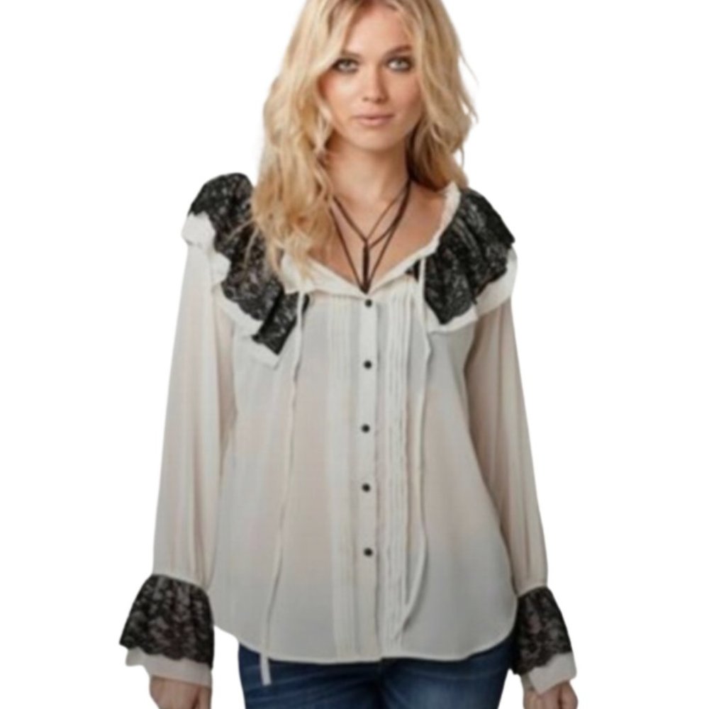 Andrew Charles Cream Blouse with Black Lace